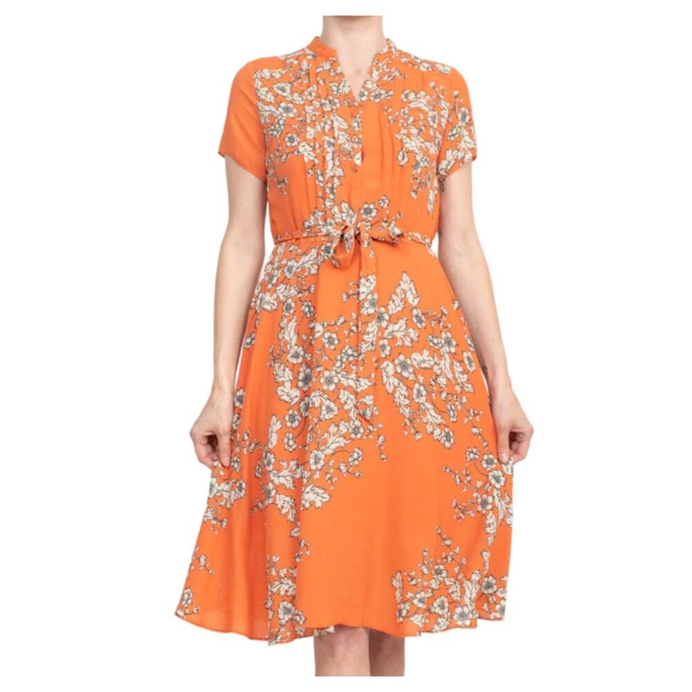 Nanette Lepore Floral Crepe Dress in Firestarter (10) Short-Sleeve Pleated